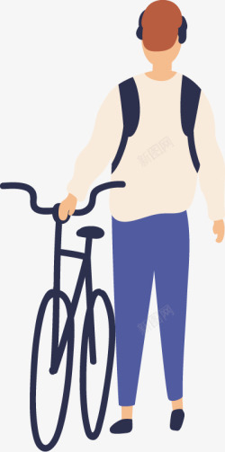拖着自行车的少年日常休闲生活卡通扁平人物图免扣扁平素材