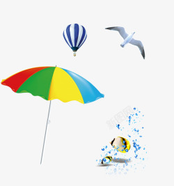 太阳伞热气球海鸥水鱼漂浮物素材