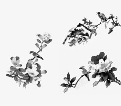 中国古风水墨花手绘水彩植物花卉装饰透明ps429中素材