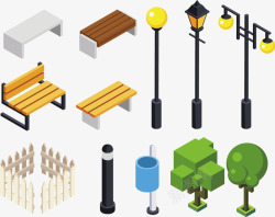 建筑板凳路灯围栏树木模型交通汽车路标识素材
