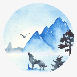 蓝色水彩冬季植物动物剪贴画装饰免扣图案44蓝色水彩素材