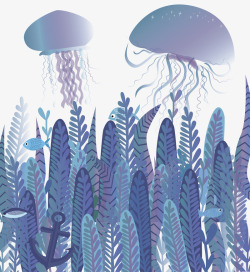 水彩卡通手绘海底海洋鲸鱼植物矢量印刷AI图案剪贴画素材