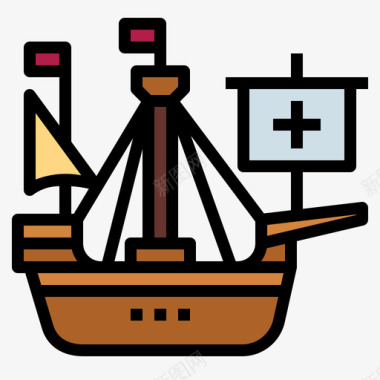 卡通船帆船船6线性颜色图标