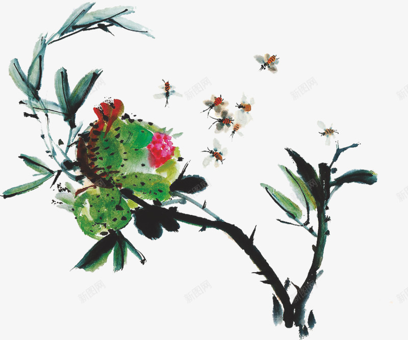 中国古风水墨花手绘水彩植物花卉装饰透明ps7中国古png图片免费