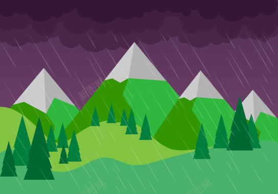 卡通扁平山林雨天风景背景素材背景