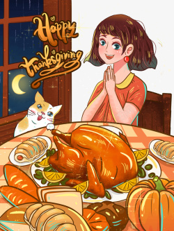 感恩节手绘人物猫餐桌鸡南瓜素材