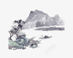 中国风水墨山水画山水树木元素素材