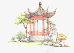 中国风国画园林小景亭台楼阁元素素材