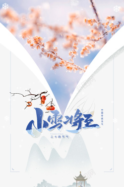 冬季小雪树枝柿子雪花二十四节气海报