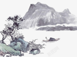 国潮黑色中国风水墨山水花草树木元素高清图片
