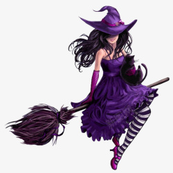 万圣节紫色女巫骑扫帚素材