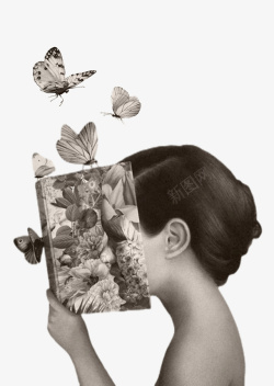 蝴蝶女孩和书素材