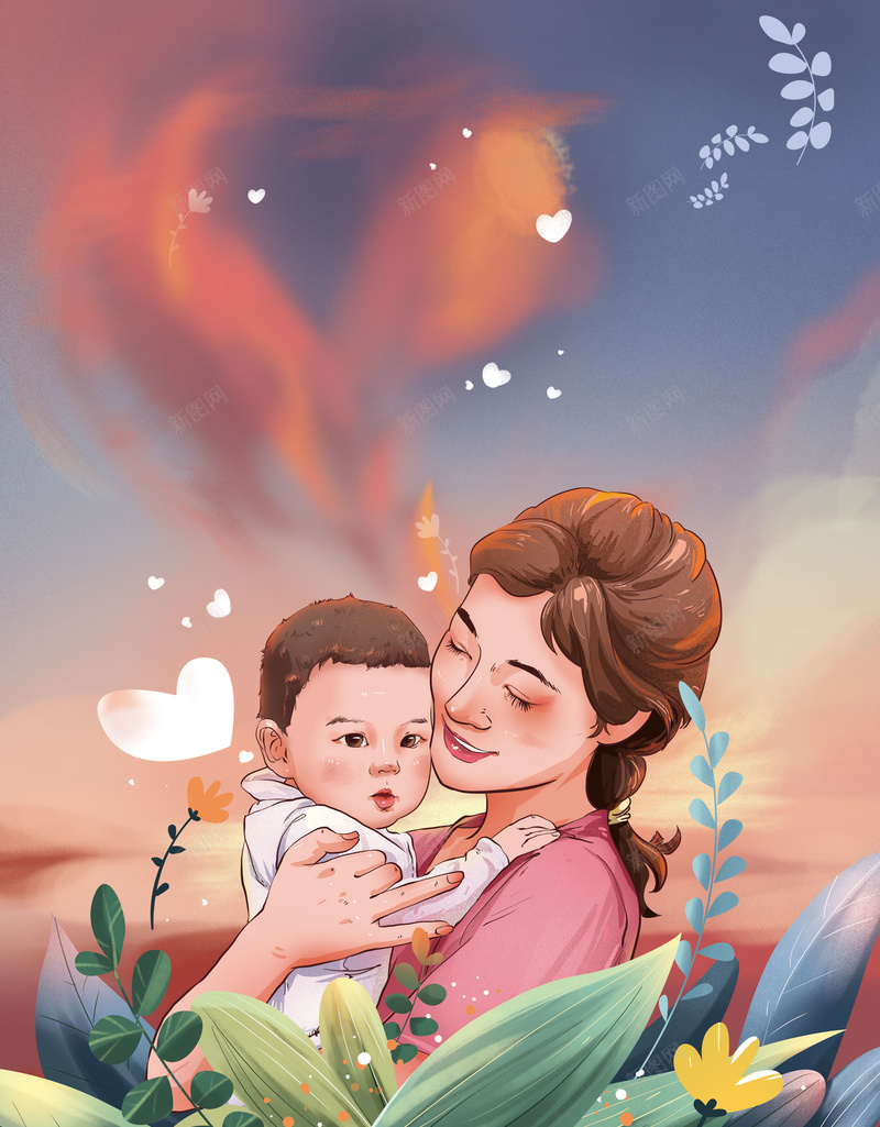 手绘母子背景图元素图psd设计背景_88icon https://88icon.com 叶子元素 妈妈和儿子手绘 手绘元素 树枝装饰 母子 母子相亲 背景图