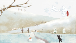 冬季大雪雪人树枝猫雪花素材