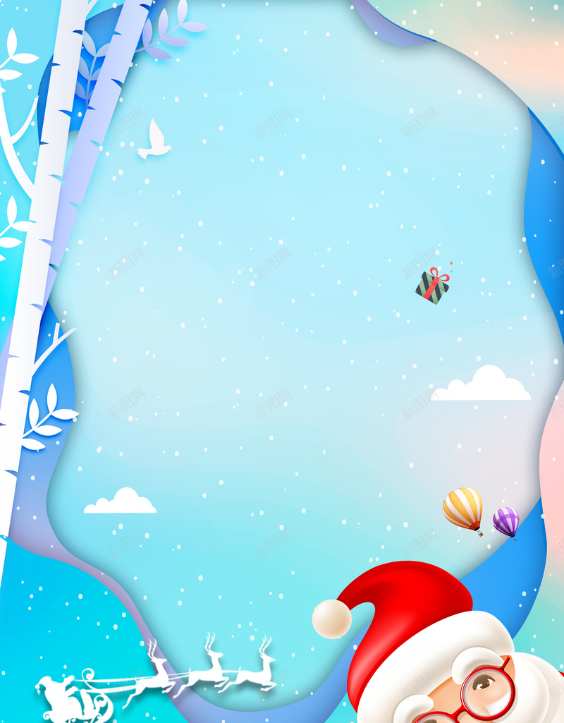 卡通圣诞老人背景图元素图psd设计背景_88icon https://88icon.com 卡通 圣诞老人 背景图 元素图 树枝装饰 热气球