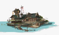 中国风古建筑水中楼阁元素素材