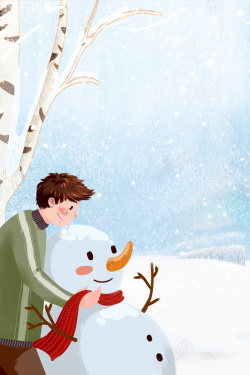 白桦冬天堆雪人背景图元素高清图片