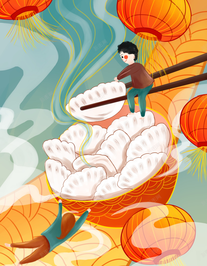 手绘国潮吃饺子背景图psd设计背景_88icon https://88icon.com 冬天 冬至 卡通人物 国潮背景图 国潮背景墙 手绘元素 灯笼 立冬 饺子