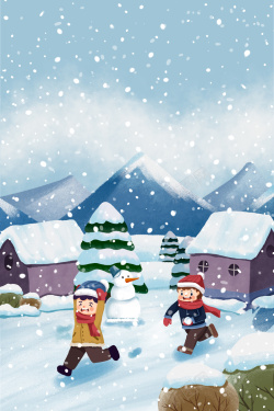 冬天打雪仗手绘雪花山村背景图高清图片