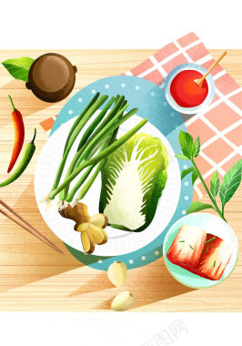 泡菜原料腌制食材韩国美食美食手绘水彩插画设计僵小糖背景