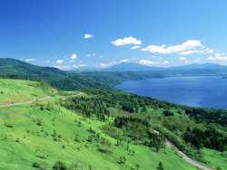 绿地湖水自然景观蓝天白云绿地湖水高清图片