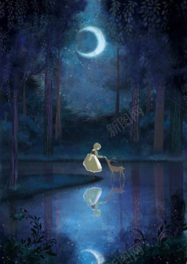 潇洒小姐立于风中的Elsa大角鹿动物湖泊倒影月亮月背景