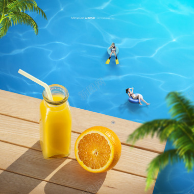 夏季手机果汁海边沙滩热带游泳创意旅游合成海报psd背景