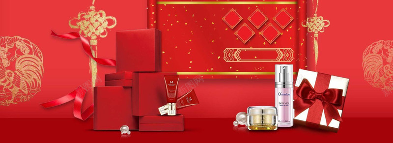 礼盒盒子中国风红色渐变几何中国结金色质感鸡年新年卷背景