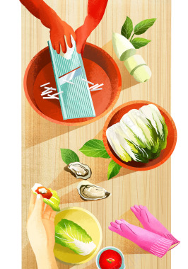泡菜配方海鲜萝卜辣酱韩国美食美食手绘水彩插画设计僵背景