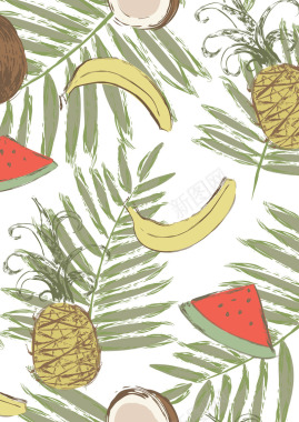 纯图树叶水果西瓜香蕉菠萝椰子矢量图库服装图案设计时背景