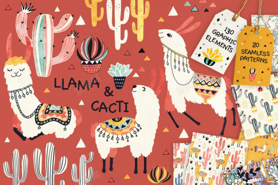艺术的手绘图形和图案骆驼和仙人掌图案纹理Llama背景
