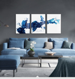 晶瓷晶瓷蓝色水墨客厅装饰三联沙发现代新中式挂画轻奢卧室高清图片