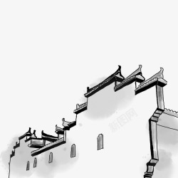 中国风手绘水墨古风江南山水徽派建筑屋檐房檐房屋黑白素材