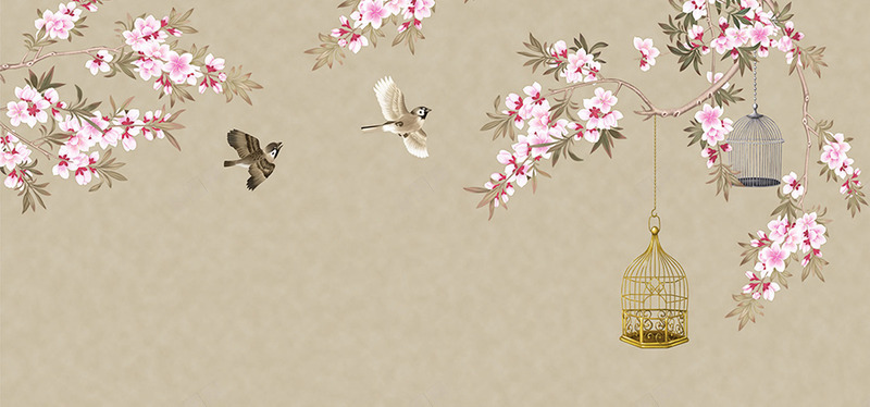 花鸟工笔手绘新中式中国风古典禅意时尚现代鸟鸟笼字画背景