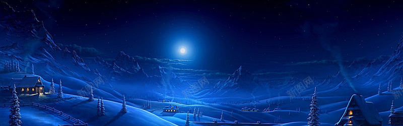 蓝色夜晚雪景乡村月亮海报banner卡通童趣手绘图背景