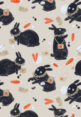 兔子兔叽胡萝卜萝卜丁黑色兔子森系可爱小黑兔手绘兔爱背景