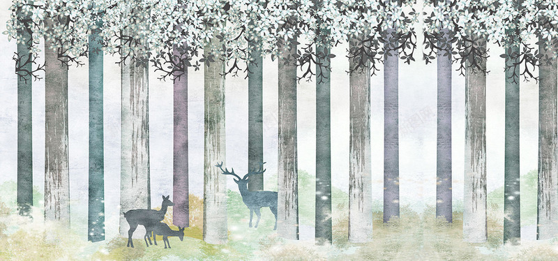 手绘森林树林油画水彩工笔画北欧欧式现代简约清新现代背景