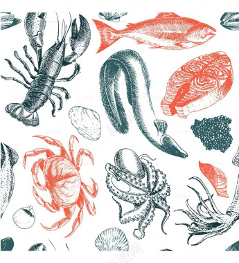 矢量手绘海鲜鱼虾插画美食西餐厅个性菜单模板eps设背景