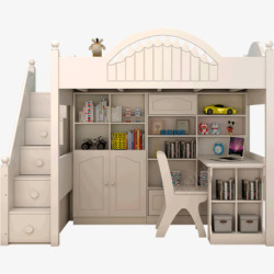 儿童房多功能上床带下书桌架衣柜组合床白色高低床实木素材