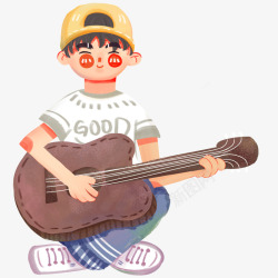 手绘坐着弹吉他的卡通男孩素材
