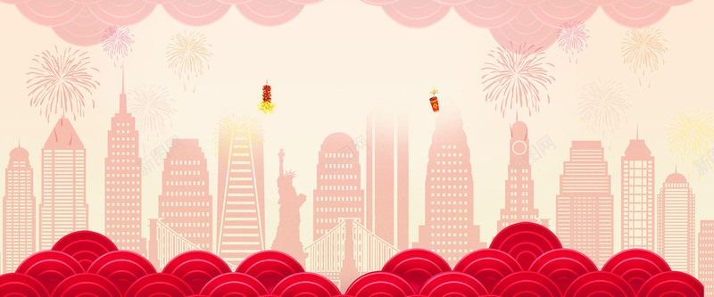 新年红色春节年货节烟花建筑电商海报海报图库网457背景