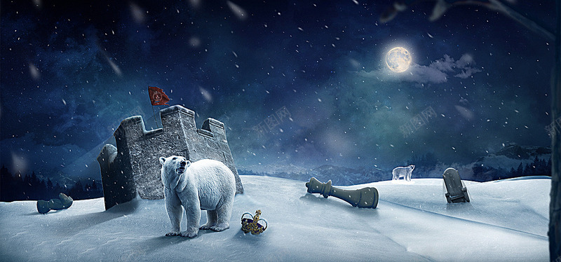 北极熊月亮雪天棋子海报banner卡通童趣手绘图库背景