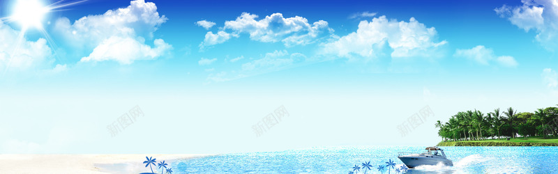 1920全屏海报海边沙滩蓝天白云船背景