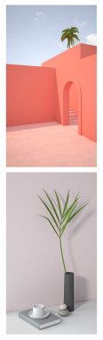 3D植物场景空间花纹艺术装饰花瓶室内中式鲜花PSD背景