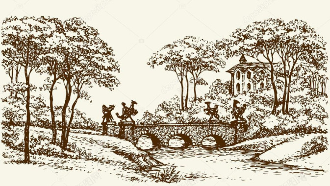 老式石桥与铸雕像在皇家浪漫公园与美丽的宫殿的小溪矢背景