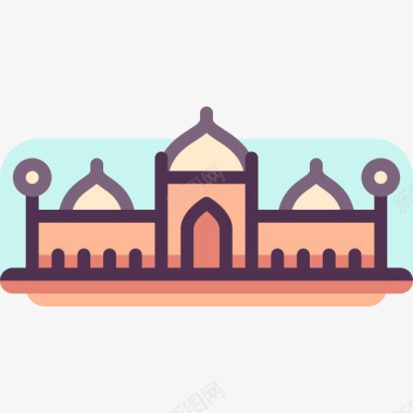 巴德沙希清真寺32个地标建筑线性颜色图标