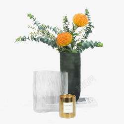 欧式摆件装饰品花艺套装灰色玻璃花器透明花瓶橙色仿真素材