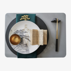 中式纸箱包装进口Koket蔻可中式样板间餐具餐桌摆台山水盘进口纯铜高清图片
