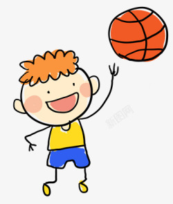 卡通手绘简笔画玩篮球的男孩素材