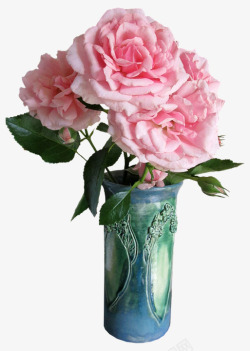 玫瑰粉红色绿色的花瓶鲜花素材